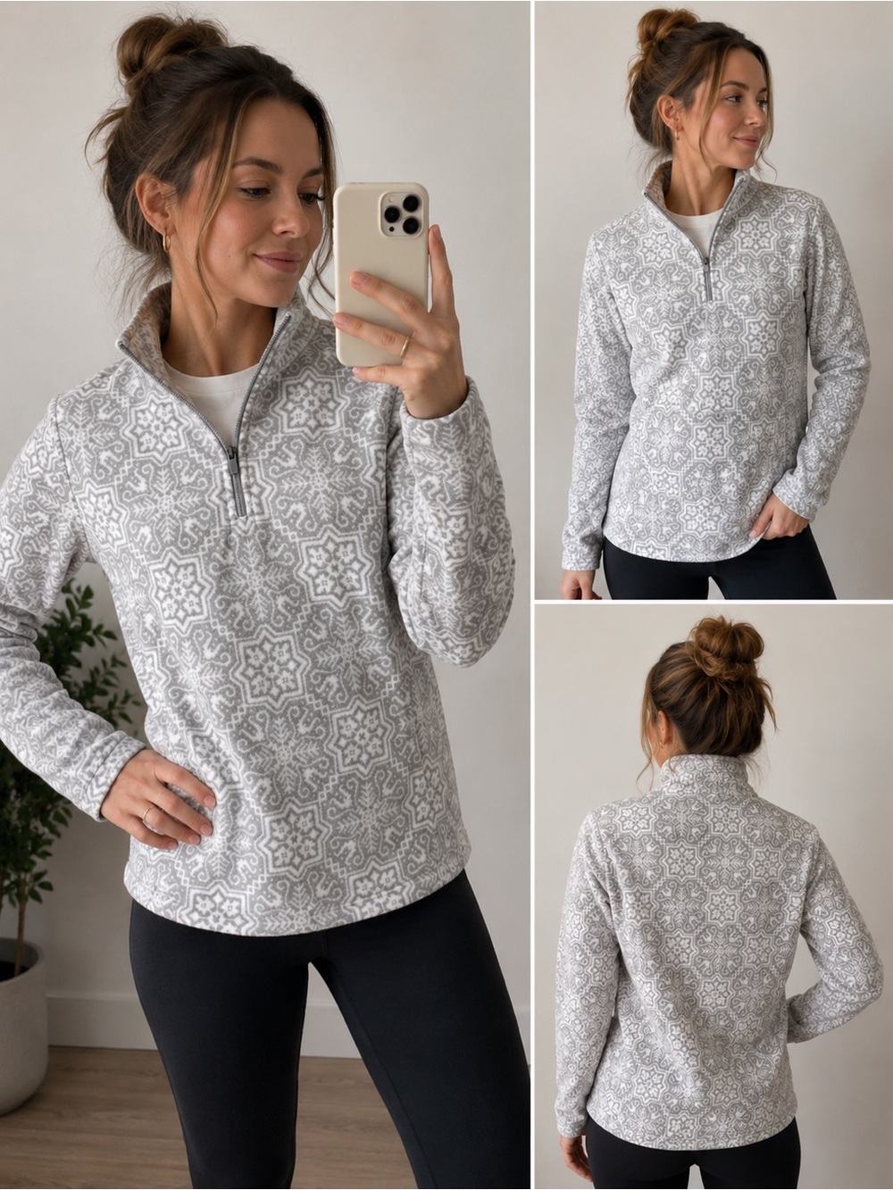 Lands' End Light Gray Printed Quarter-Zip Fleece Pullover